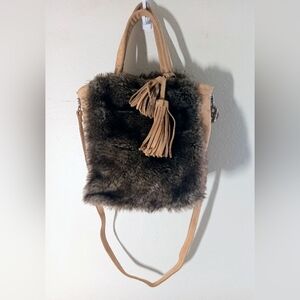 Anthropologie Miss Albright Leather Faux Fur Tote Bag Tan Brown